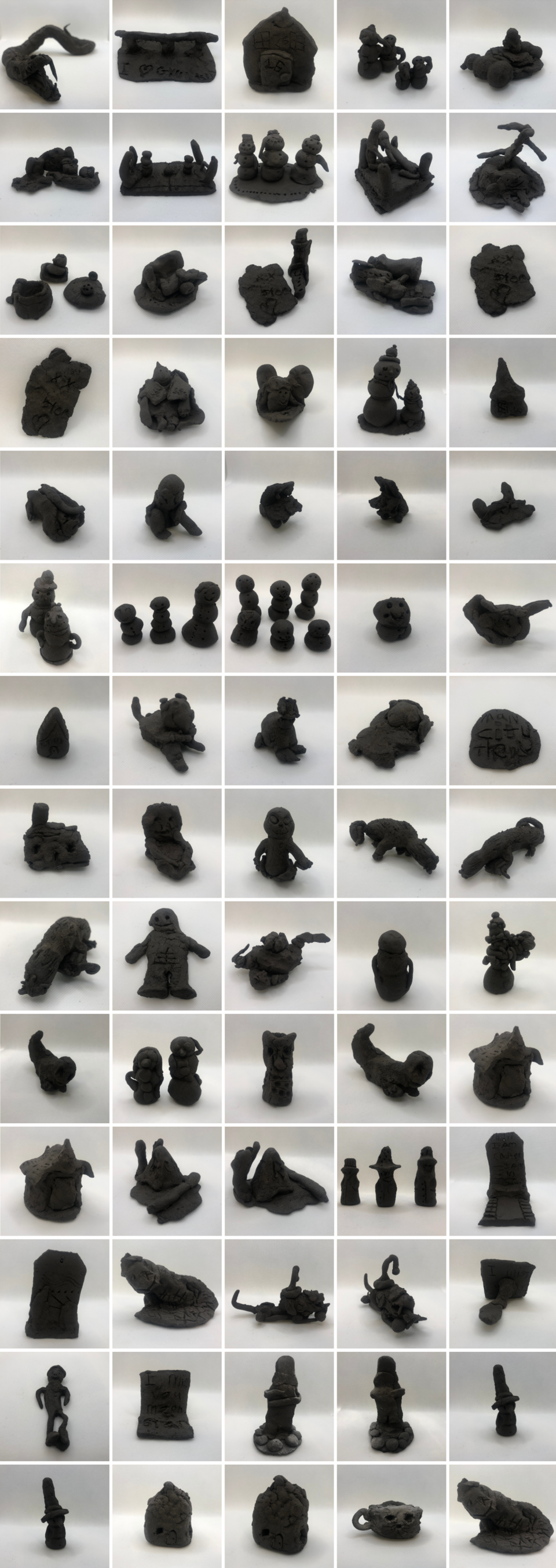 A grid of 70 images showing various small, dark clay sculptures of abstract and figurative shapes, including animals, faces, and imaginative forms, all photographed against a plain white background.